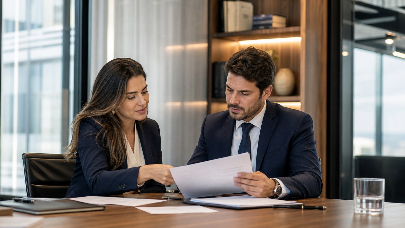 Advogados analisando documentos em uma sala de reunião
